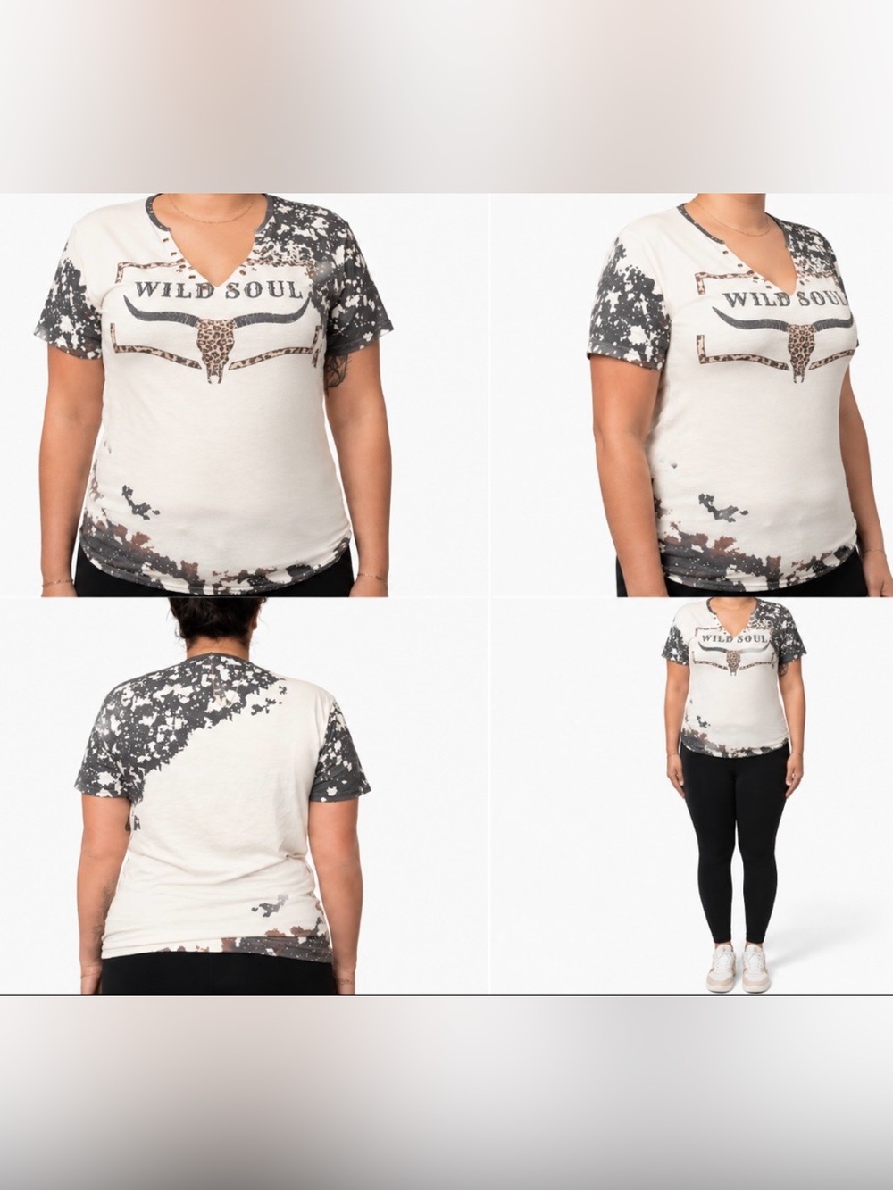 Leopard Accent V-Neck Tee - Cream & Black